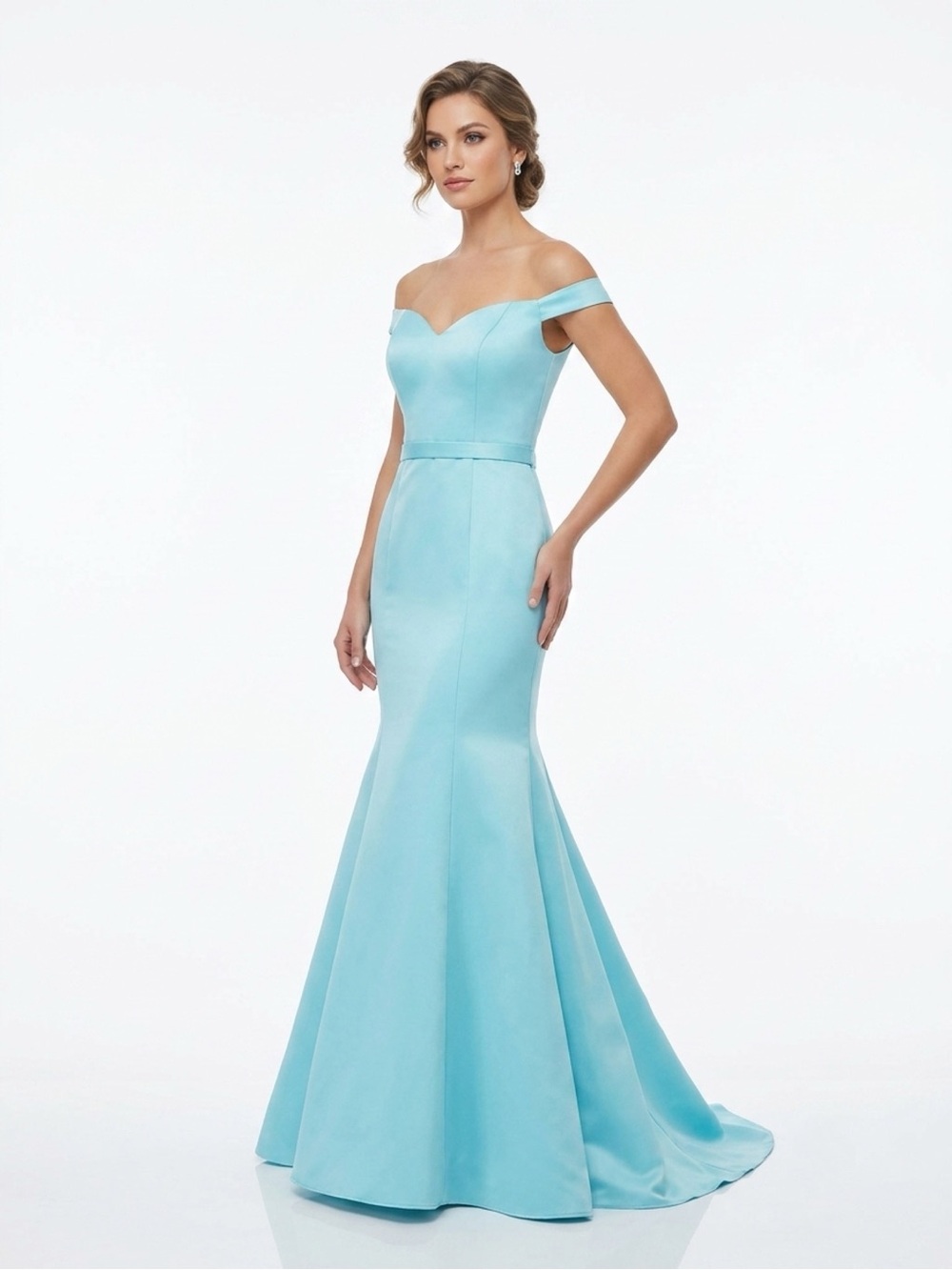 Off-Shoulder,  Light Blue, Mermaid Evening Gown - M